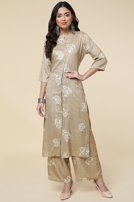 Women Straight Viscose Zari Lining Printed Kurta with plazzo